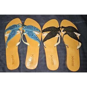 New TROPIX 2 Pairs Black & Turquoise Bead & Sequin Leather Slides Sandals Sz 10